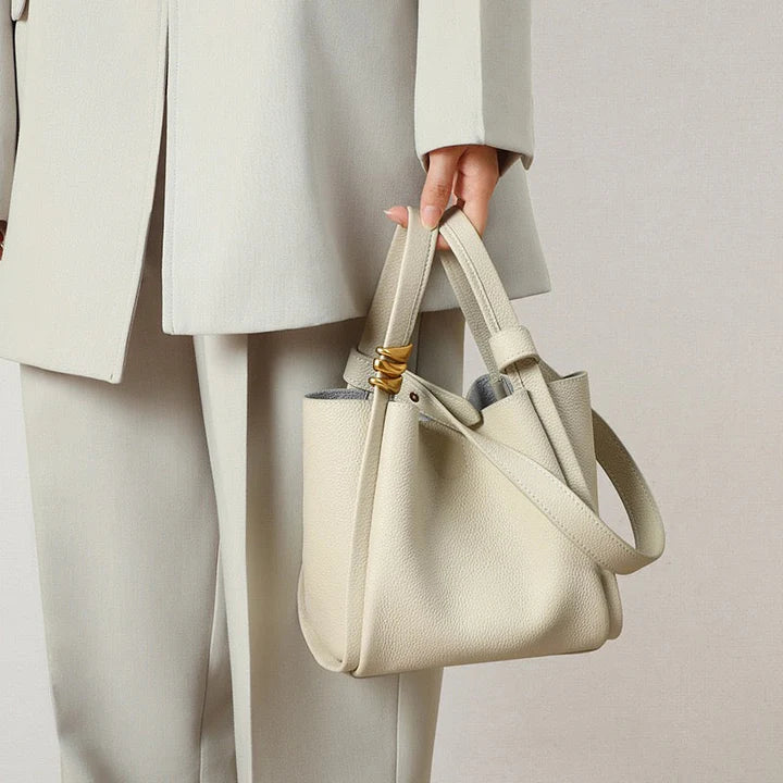 Women's Bucket Bag Small Shoulder Purse With Gold Ring Detail & Interior Pouch