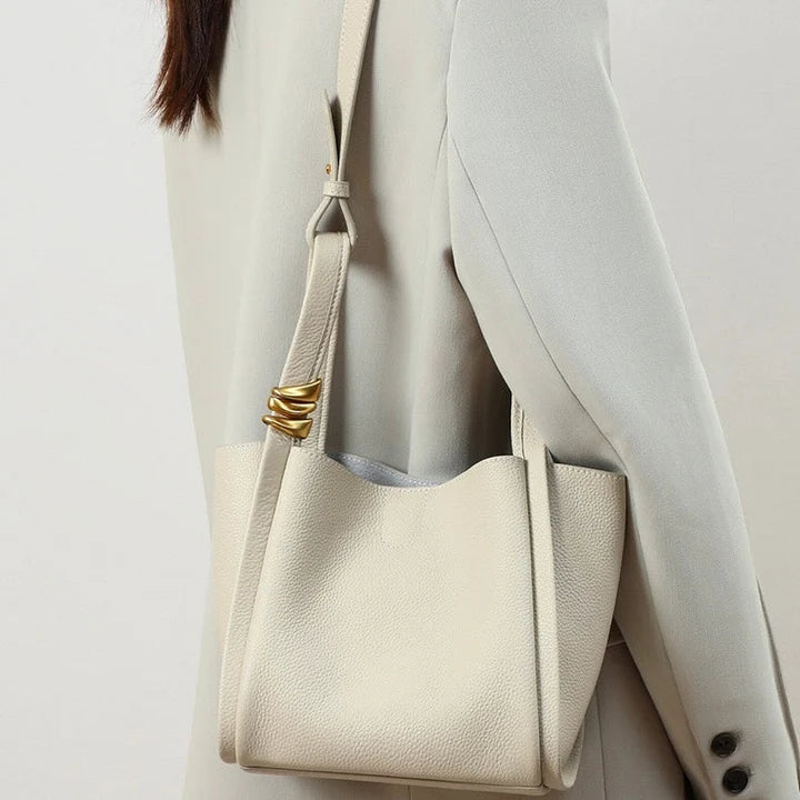 Women's Bucket Bag Small Shoulder Purse With Gold Ring Detail & Interior Pouch